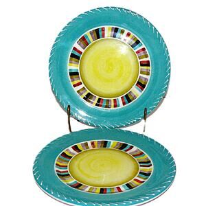 Ole Nancy Green 2 Ceramic Plate Set Bright Colors & Turquoise Rim 8.5" Retro Vtg